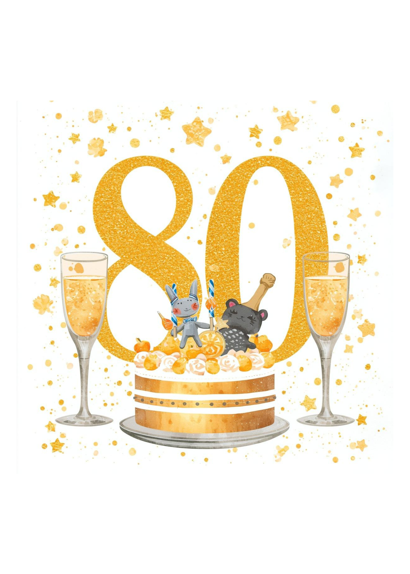 80th Birthday Card Champagne & Cake Card