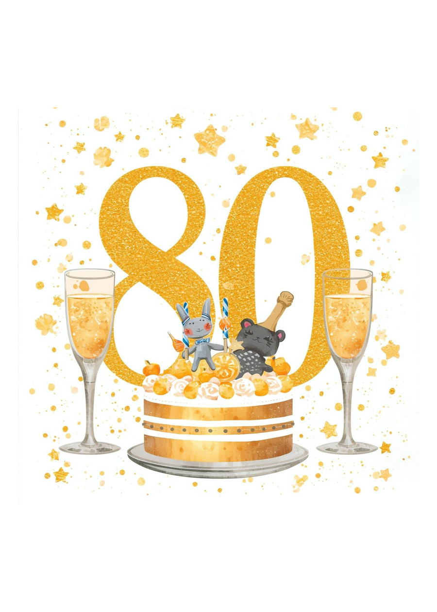 80th Birthday Card Champagne & Cake Card